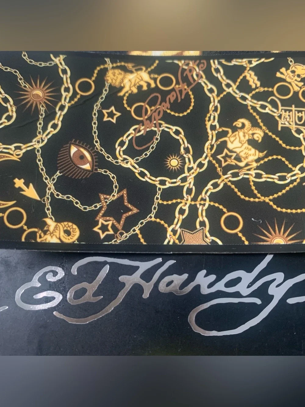Ed Hardy Black Queen Sheet Set Gold Charm Chains Evil Eye Celestial Lion Moon